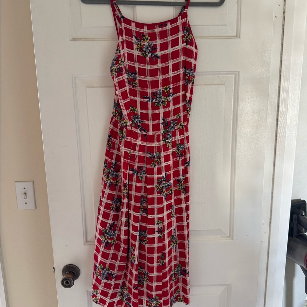 Maison Jules Red Checkered Floral Midi Dress